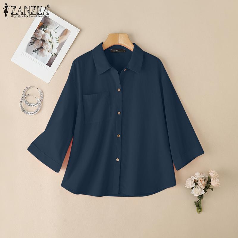 ZANZEA Womens Turn Down Collar 3/4 Sleeve Loose Button Blouse