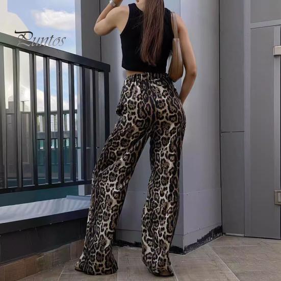 Women Long Pants Elastic High Waist Wide Leg Trousers with Pockets Leopard Print High Street Style Casual Pants