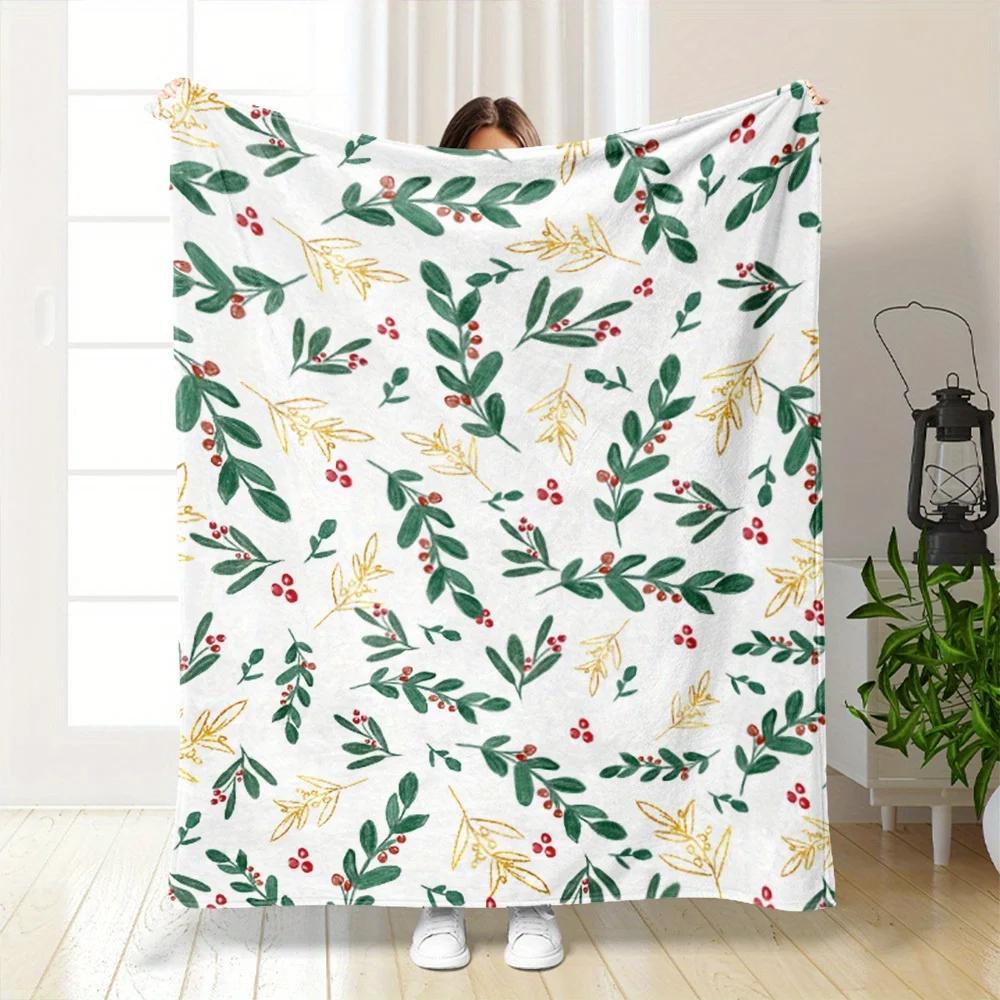 Winter Plant Pattern Throw Blanket Flannel Material With Festive Greenery And Berries For Couch Or Bed Use Warm - Touch