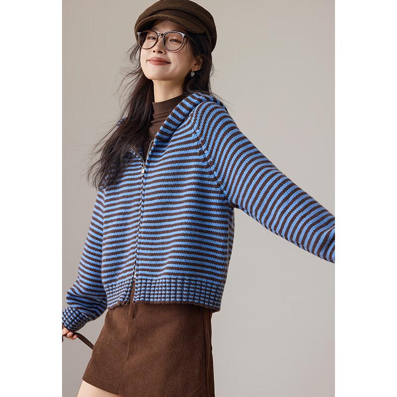 VICTORIA&VERA Women's Striped Hooded Zip-Up Knit Cardigan