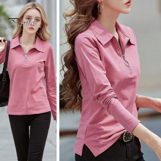 Women T-shirt Lapel Zipper Half Placket Long Sleeve Pullover Tops Solid Color Soft Stretchy Tee Slim Fit Casual Shirt Work Party Vacation Daily