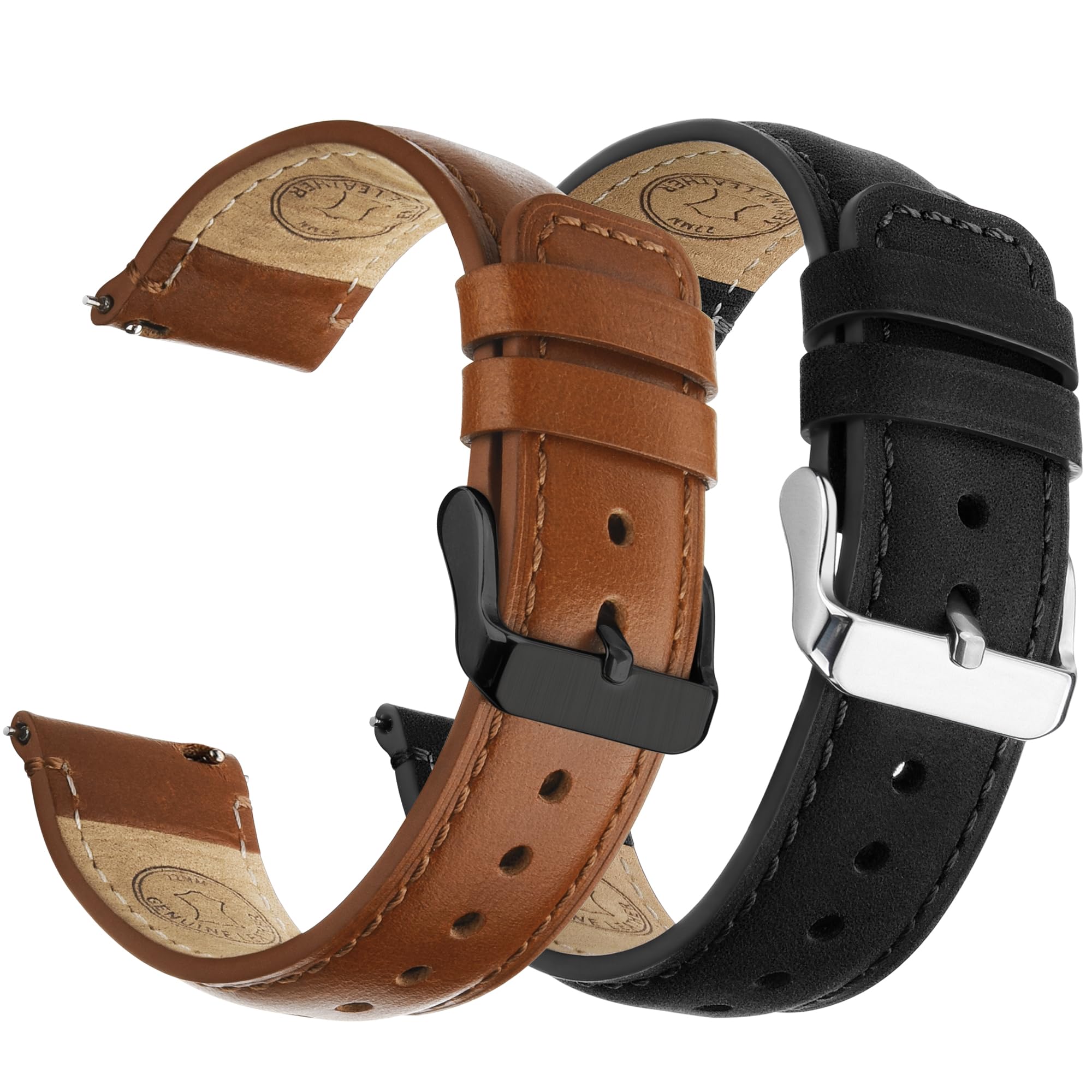 

Fullmosa (2-Pack) Genuine Leather Watch Bands, 20mm and 22mm, Quick Release Replacement Straps for Smartwatches and Men, Women