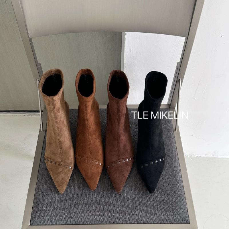 French pointed stitched short boots women's 2025 autumn sleeve elastic thin boots thin heel temperament fashion boots and ankle boots