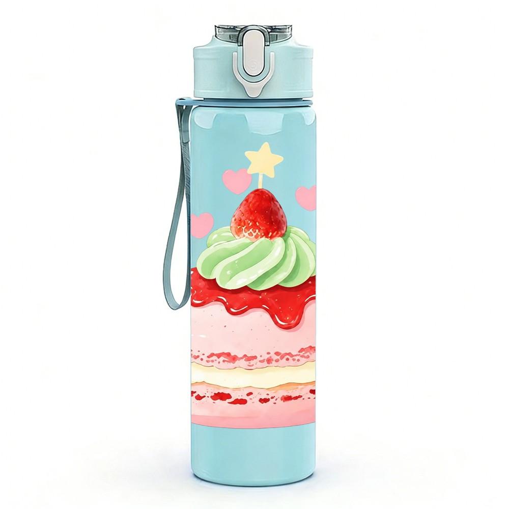 1PC Sweet Birthday Cake Print 750ml Color Plastic Sports Water Bottle Leakproof Flip Straw Lid Suitable for Sports Office Home Use