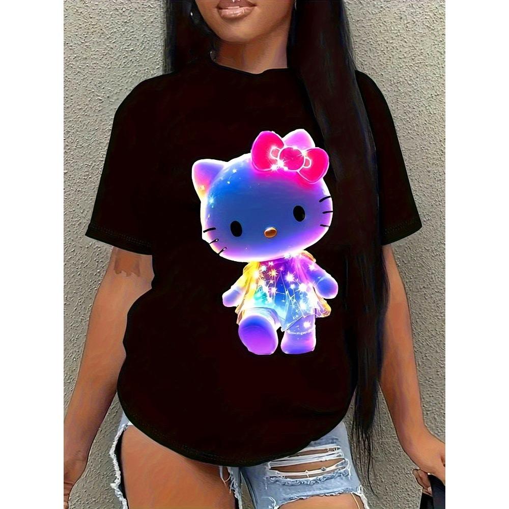 

Sanrio Hello Kitty Neon Glow Graphic T-Shirt for Teens Summer Casual Short-Sleeved T-Shirt Fun Cartoon Print Round Neck Top M