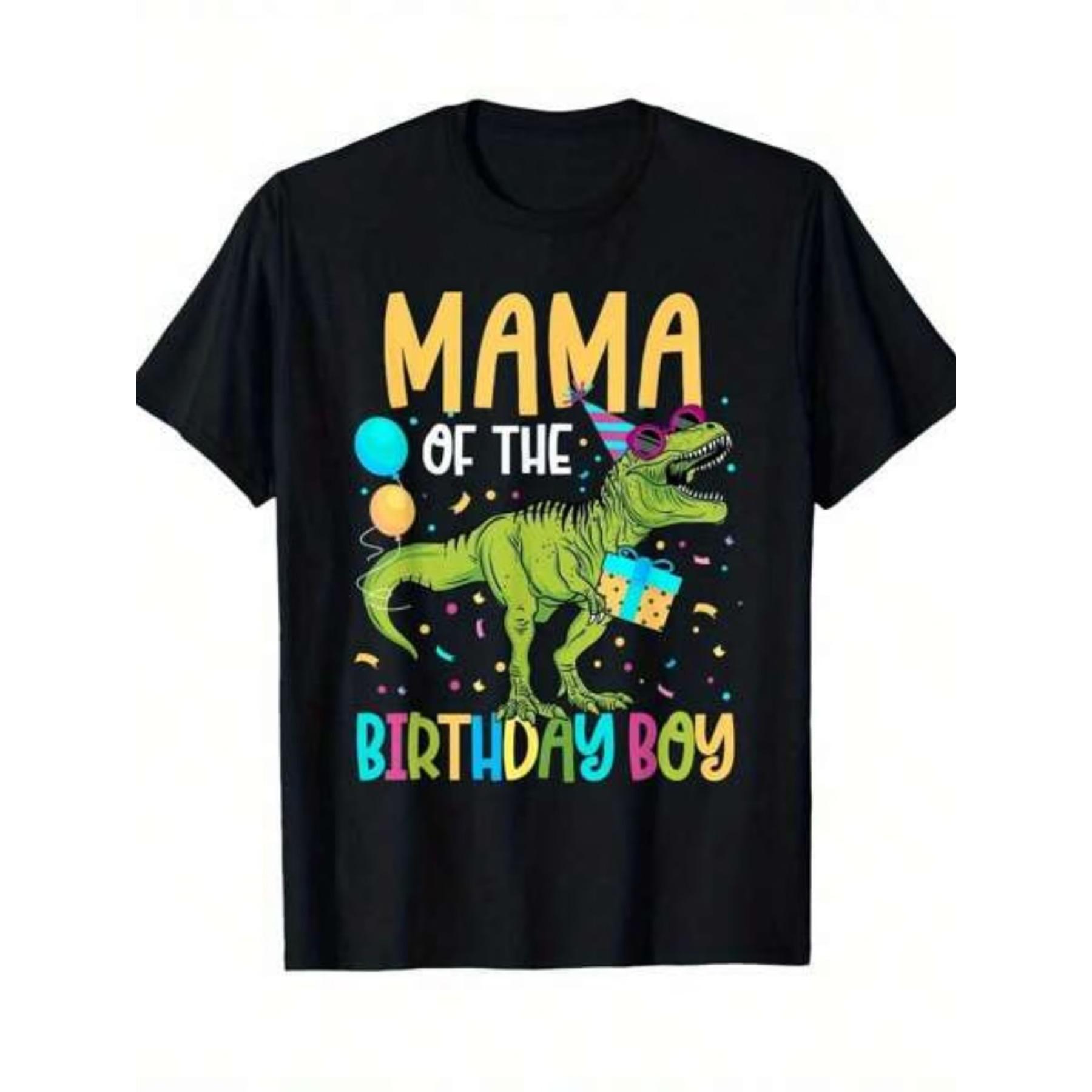 

Mama of The Birthday Boy Dinosaur Graphic T-Shirt - Family Matching Birthday Party Outfits, Soft Breathable Crew Neck Tee for Women & Men S чёрный