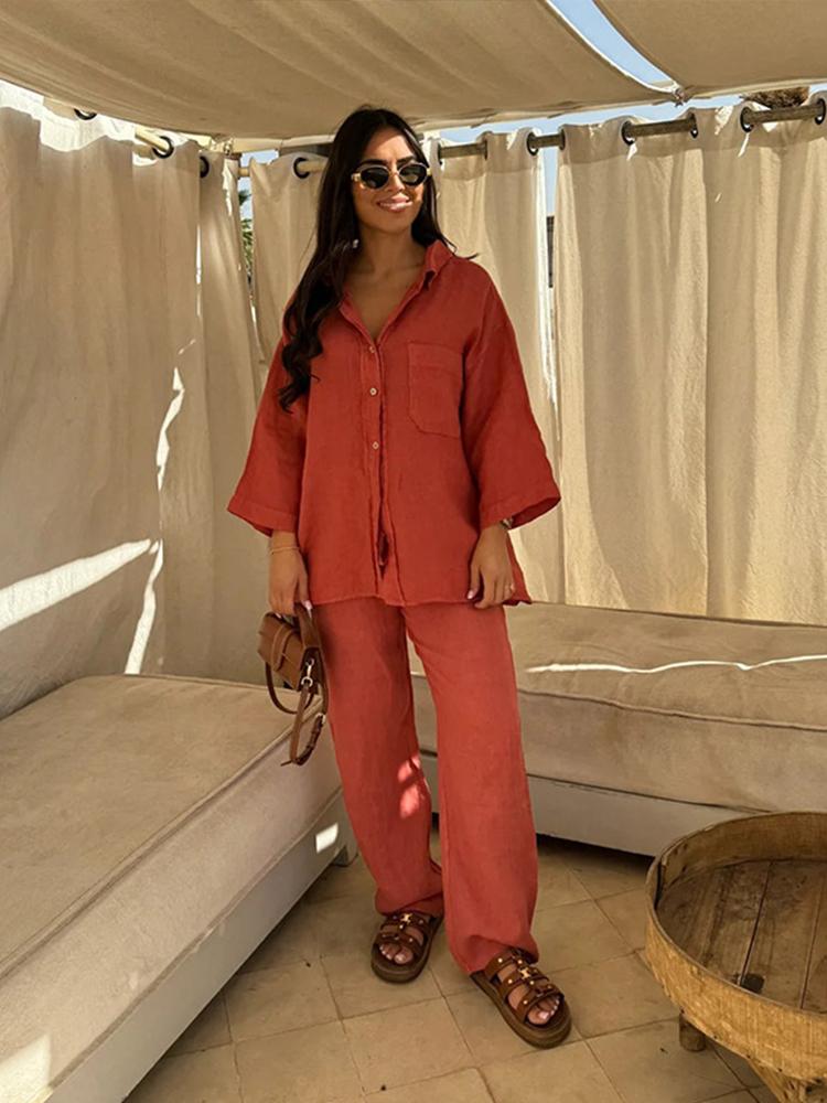 Vintage Solid Shirt Trousers Suit Women Single Breasted Long Sleeve Shirt Wide Leg Pants Summer Female Set