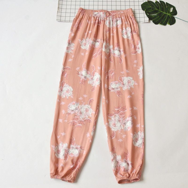 

Women s Print Artificial Cotton Closed Home Pants Pants Summer Thin Loose Casual Pajama Pants Air Conditioning Pants Orange pink 36