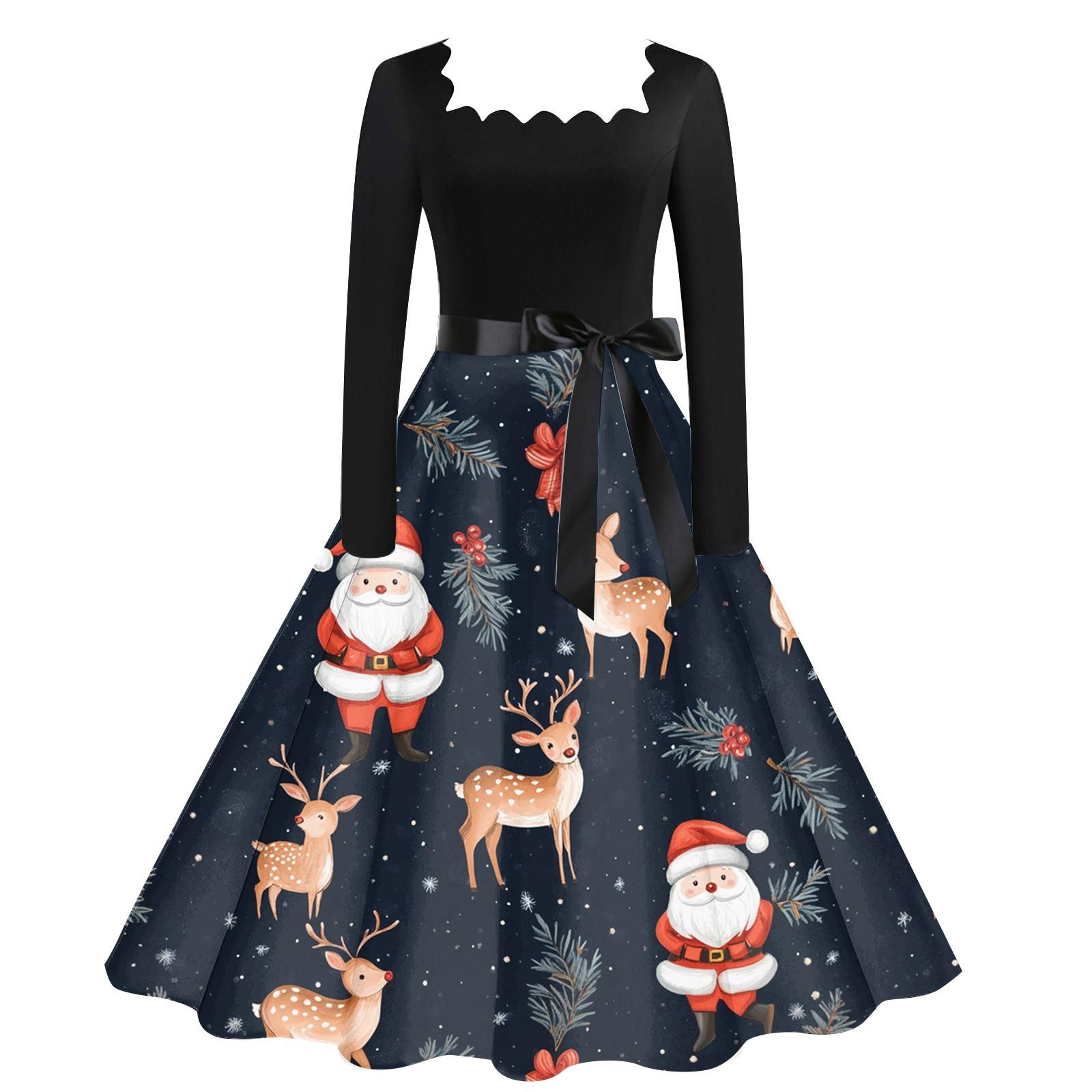 

Женское повседневное модное рождественское платье с квадратным вырезом в винтажном стиле S тёмно-синий