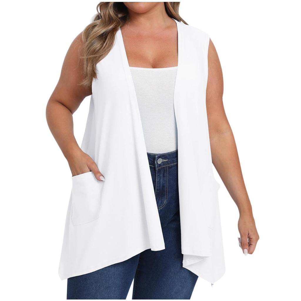 Women's Open Front Cardigans Loose Summer Sleeveless Tank Tops Loose Fit Casual Coverups Shirts With Pockets