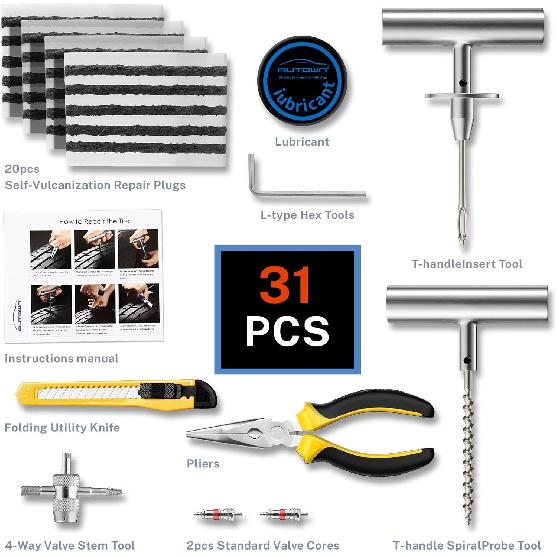 Flat Tire Repair Kit with Plugs 31 Pcs for Car, Motorcycle, ATV, Jeep, Truck, Tractor Flat Tire Puncture Repair
