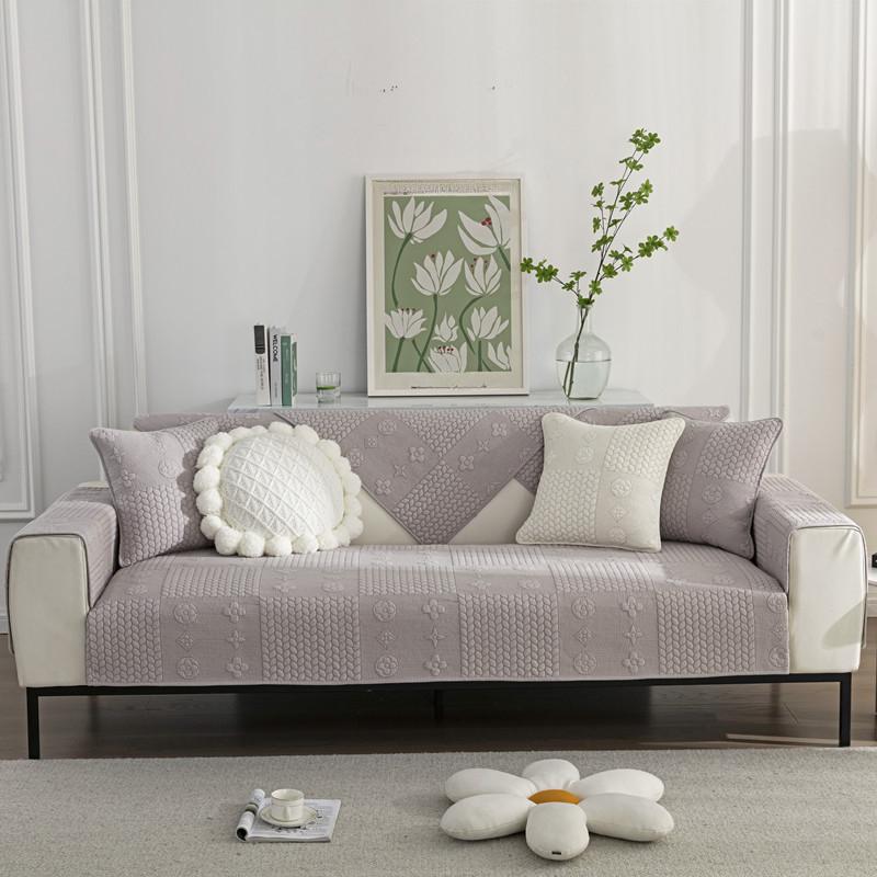 Four Seasons Universal Quilted Washed Cotton Embroidered Sofa Cushion Korean Simple Flower Non-Slip Sofa Cushion Cover