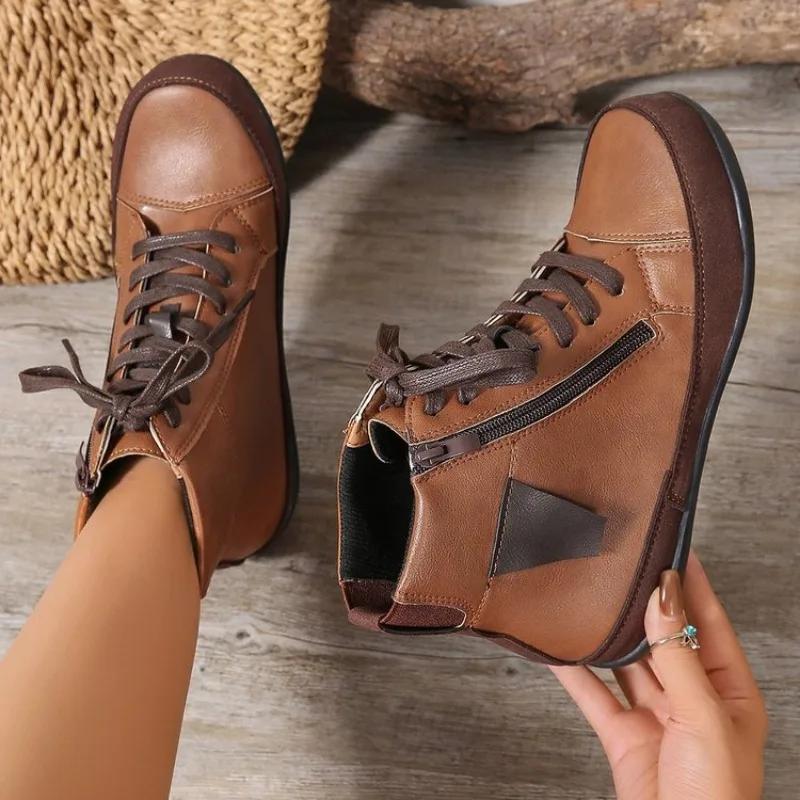 Winter New Flat Single Shoes Women's Round Head Front Strap Side Zipper Soft Sole Anti-slip Wear-resistant Short Boots