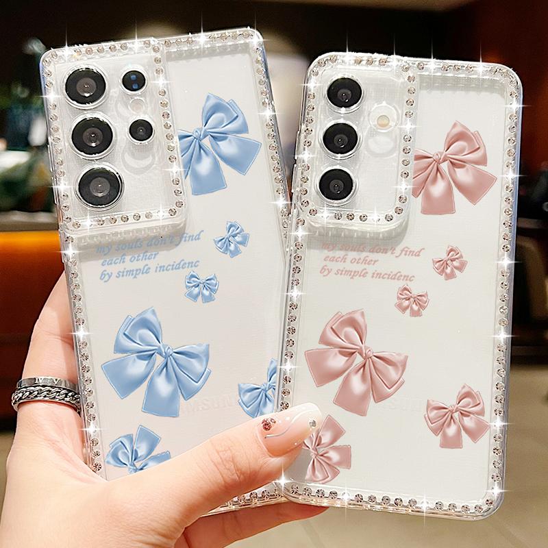 Pink Bow Print Phone Case For Samsung Galaxy A55 A56 A54 A36 A15 A26 A16 5G S25 Edge S24 S23 S22 Ultra S23 FE Diamond Soft Cover