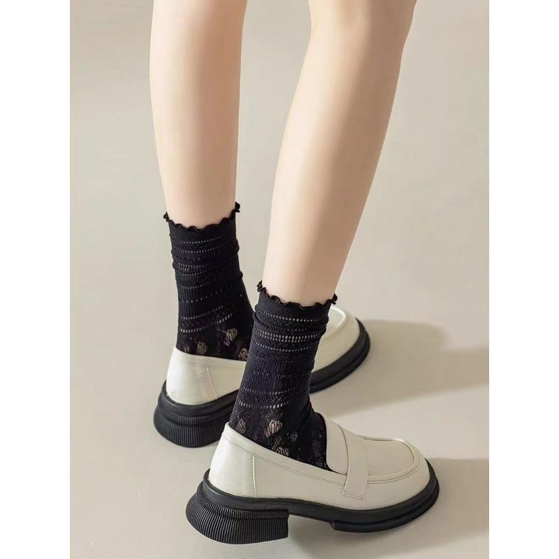 Women's Spring and Summer Mid-calf Socks, White Lace Cutout Pile Socks, Thin Lace Socks with Black Ear Edges