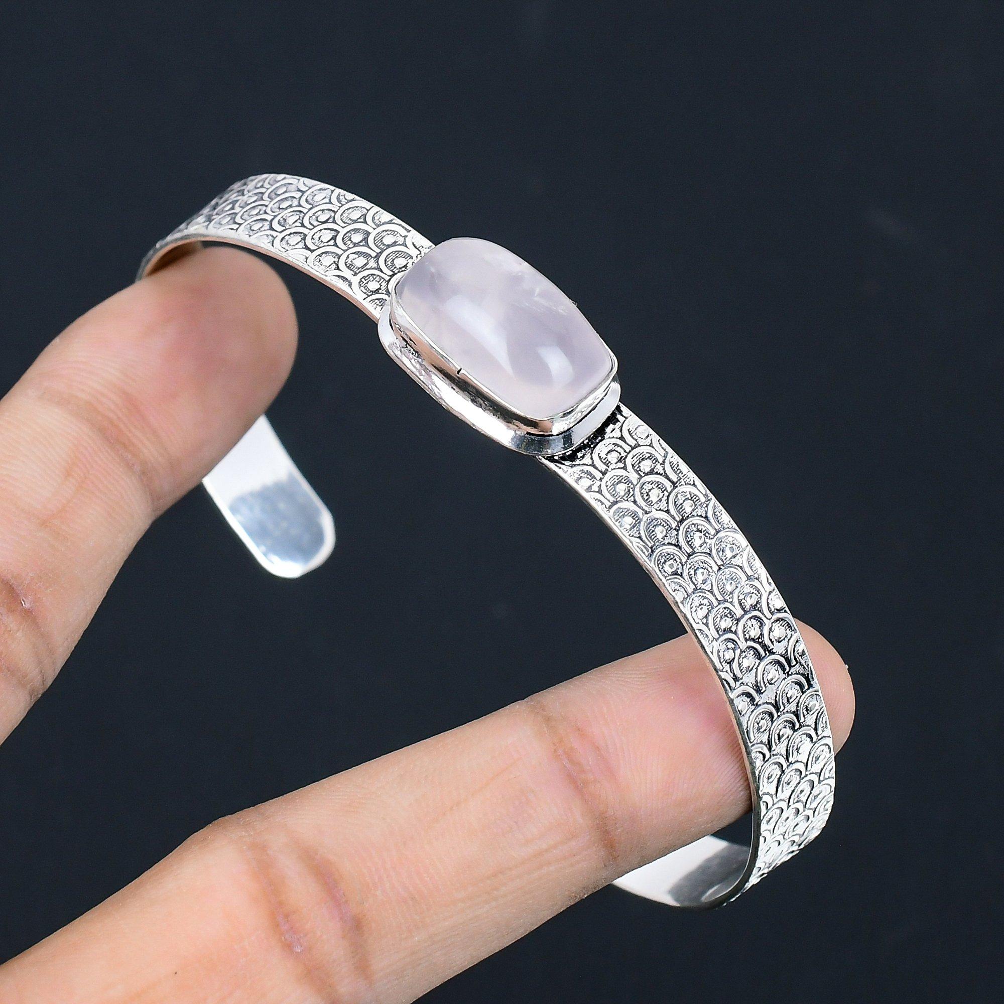 

Halloween Deal 925 Sterling Silver Natural Rose Quartz Sister Bangle Bracelet Adjustable