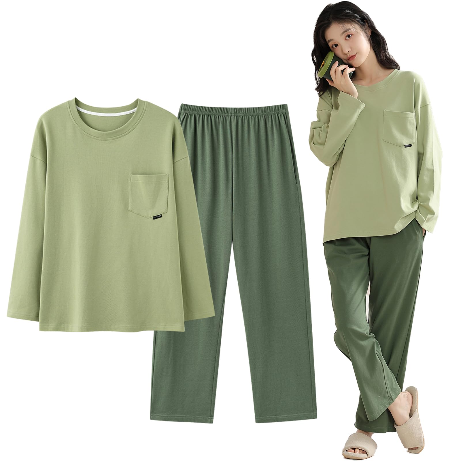 

Cotton Blend Air Cotton Loose Fit Top and Bottom Pajamas Quilted Knit Casual Loungewear Long Sleeves Convenient Sleepwear XL [Yogwoo] Women s