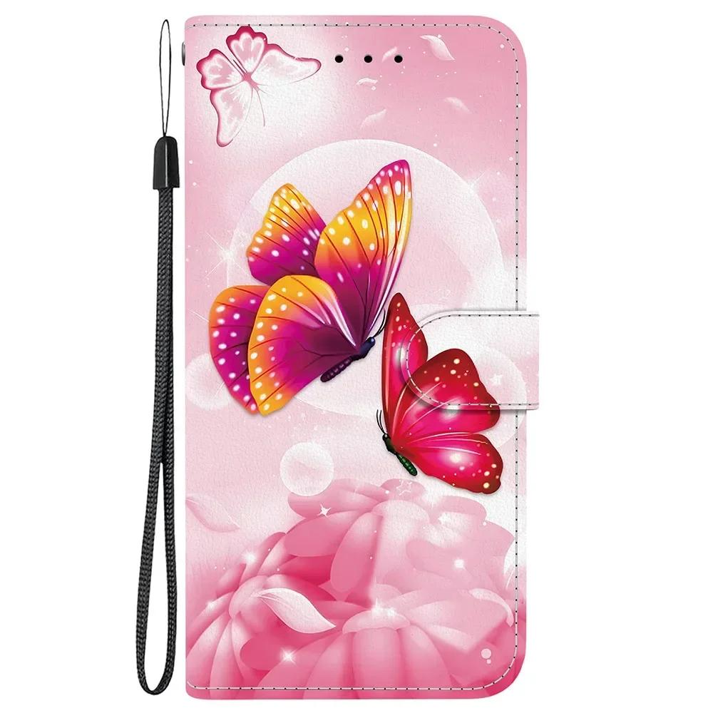 Cute Painting Leather Flip Phone Case For Samsung Galaxy S22 S23 FE S24 Plus S25 Ultra Flower Butterfly Wallet Stand Back Cover