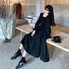 Mode Temperament Hepburn Stil Französisches Quadratkragen Kleid Schwarz Taille Schlank A-Linien Rock Langarm Kleines Schwarzes Kleid