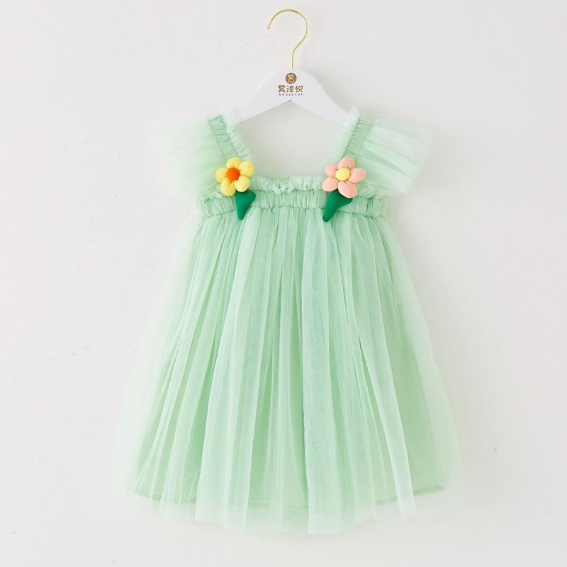 Children's New Children's Dress Three-dimensional Flower Flying Sleeve Dress Flower Child Mesh Shaggy Dress Girls Slip Dress