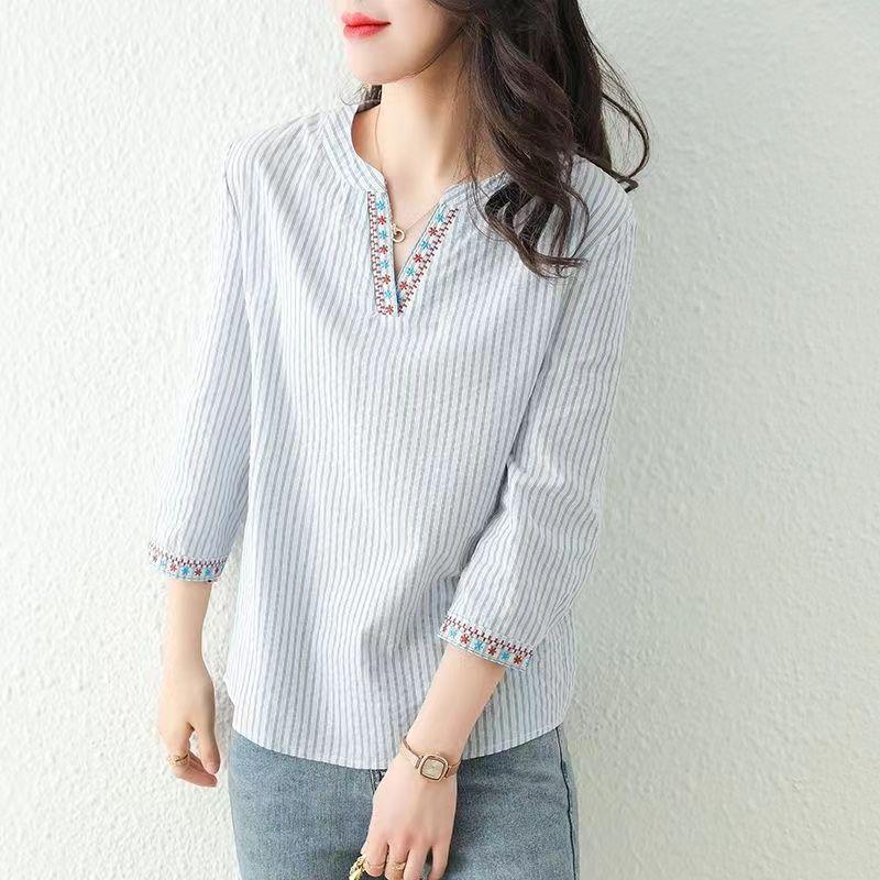 Split Sleeved Striped Shirt for Women's Spring and Autumn Versatile Ethnic Style V-neck Top