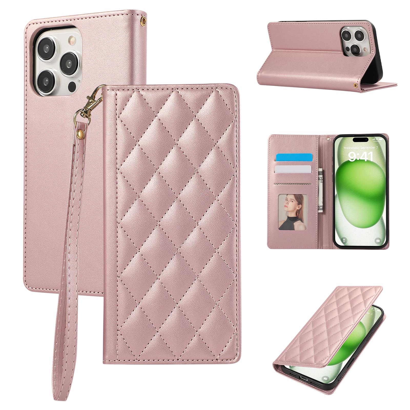 

For iPhone 15 Pro Case RFID Blocking Wallet Stand Rhombus Leather Phone Cover with Wrist Strap Rose Gold