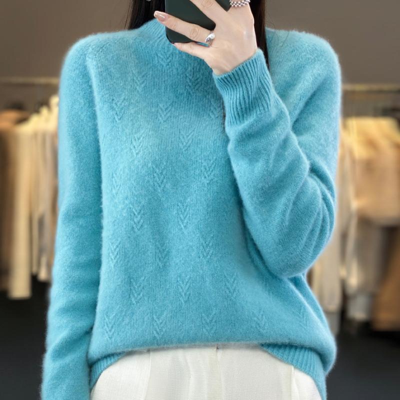 Half Turtleneck Jacquard Cardigan Autumn and Winter Loose and Versatile Cashmere Knitted Sweater Skin-friendly Warm Bottoming Shirt Top