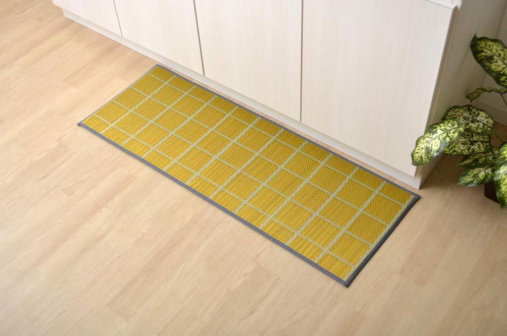 Made in Japan "Selectable Igusa Kitchen Mat" Approx. 43 x 180cm Check Yellow (#8239910) Igusa Kitchen Mat