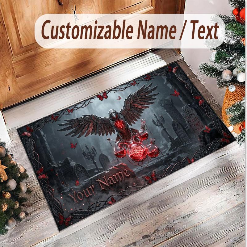 Bat Raven Theme Soft Crystal Velvet Rug Custom Name & Text Print Non Slip Floor Rug for Bedroom Living Room