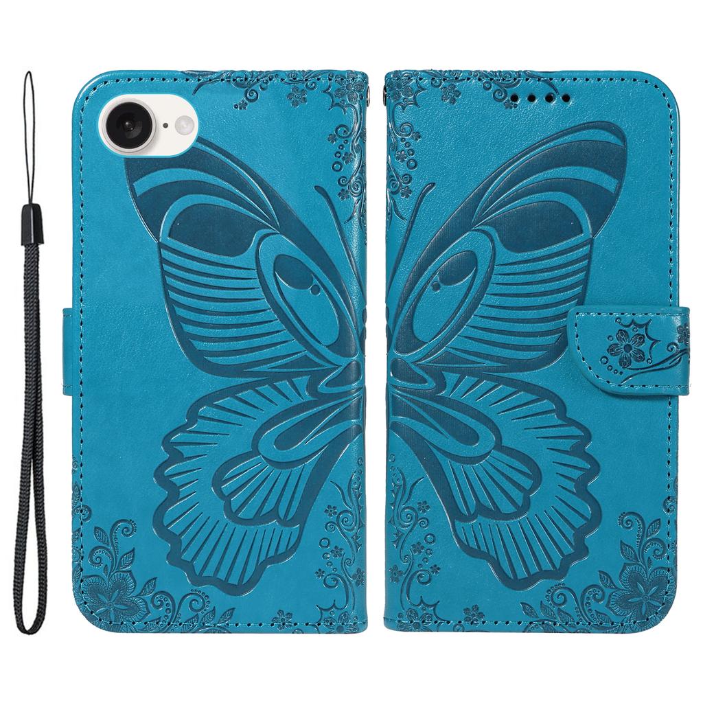 For iPhone 16e Case with Hand Strap Butterfly PU Leather Wallet Phone Cover