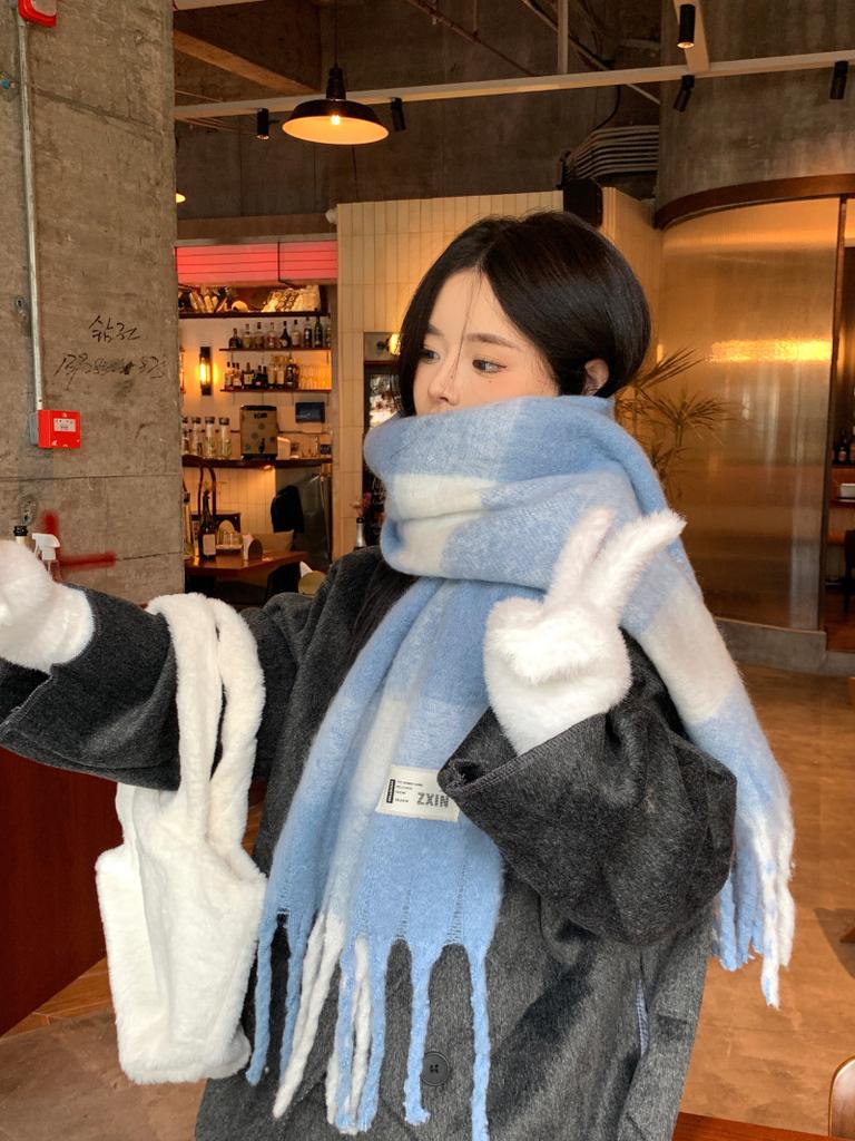 New scarf women's winter pink plaid tassel rainbow atmosphere rainbow mohair thickened long scarf
