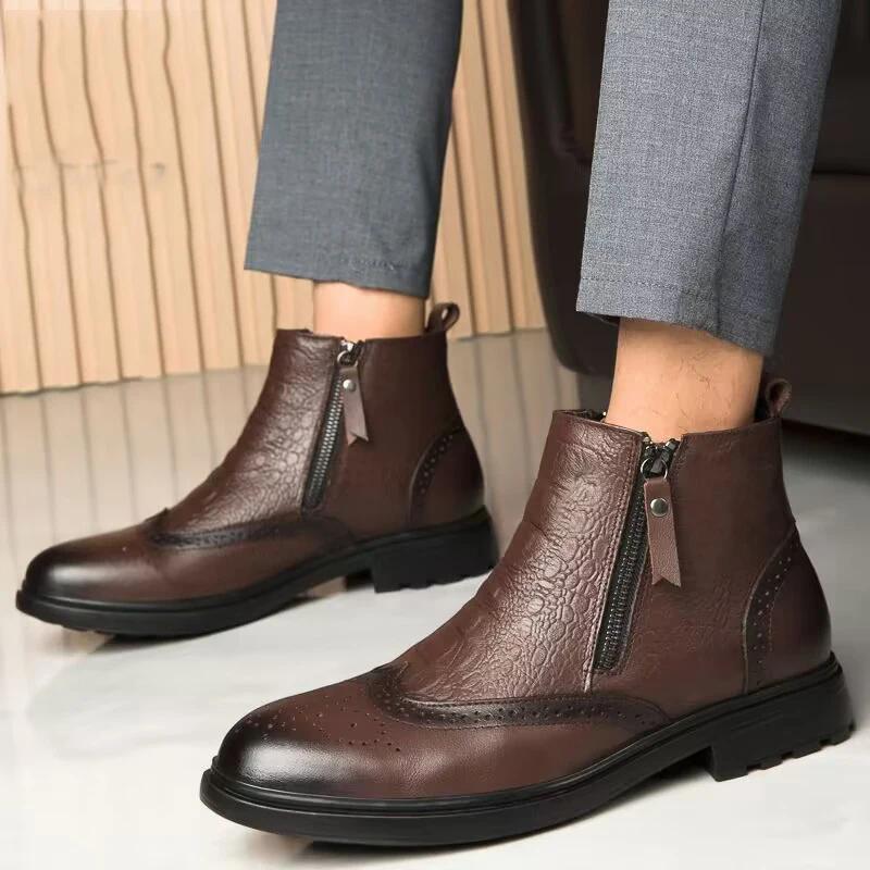 Fashion High Quality Genuine Leather Chelsea Men's Boots Luxury Brand Brogue Shoes Men Fashion Casual Warm Plush Ankle Boots Snow Boot