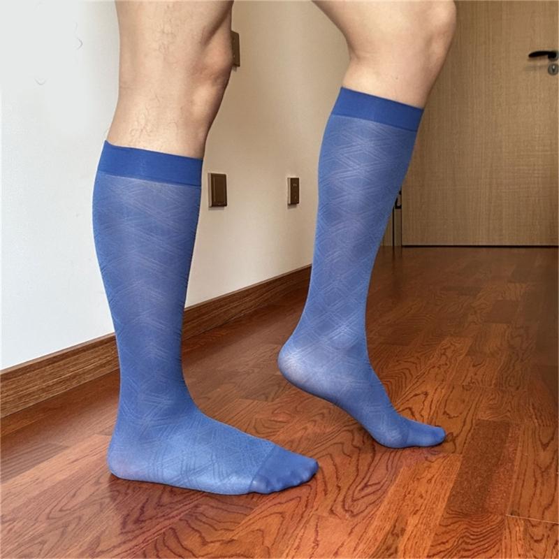 Men's Breathable Nylon Thin Dress Socks with Argyle Pattern Design Middle Calf Business Formal Socks Hosiery Gift
