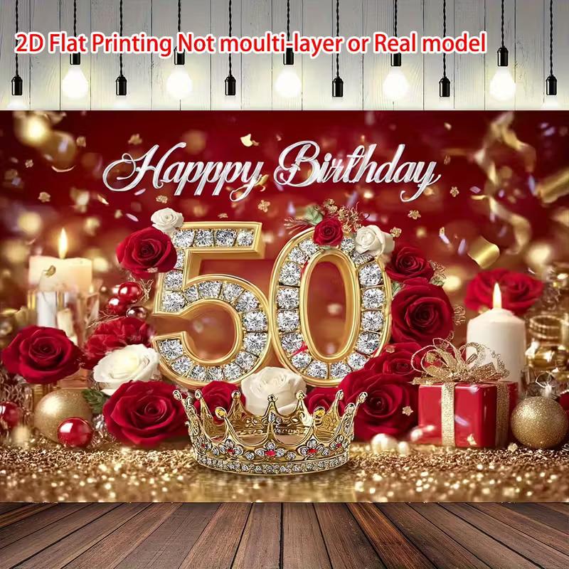 

2D Royal 50th Birthday Banner, Red Floral with Gold Crown Party Decor 47.2x31.5inch/120*80cm