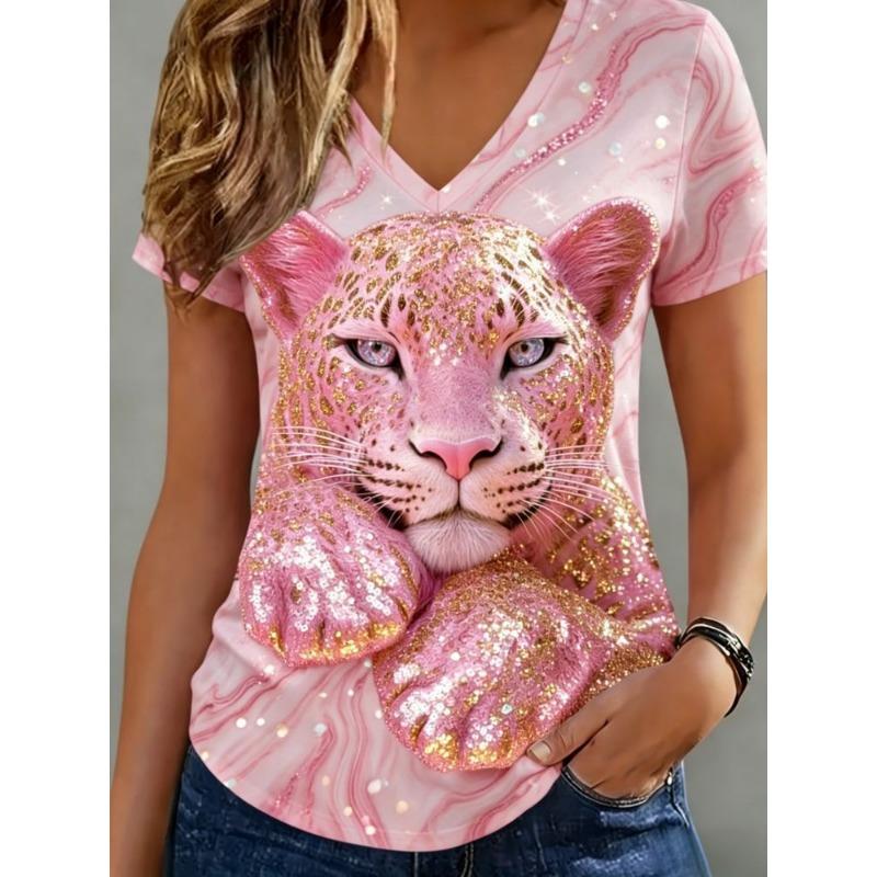 T-shirt estiva casual da donna con scollo a V e maniche corte, con alla moda stampa 3D, adatta per uscite o per stare a casa