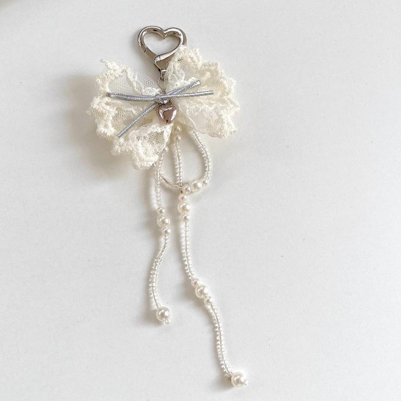 Ins Sweet Style Lace Bowknot Keychain Y2K Aesthetic Imitation Pearls Tassel Bow Keyring Exquisite  Bag Charms Key Pendant