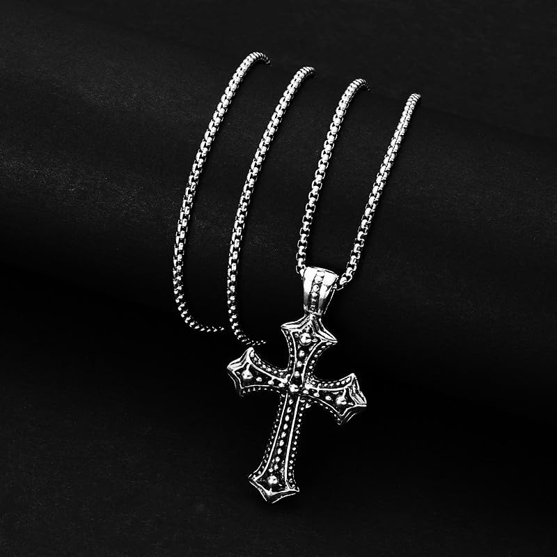 Silver Cross Pendant Necklace with Titanium Venetian 70cm Punk Boyfriend Gift [Rockyu] Men's Dots, Engraved, Stylish, Steel, Chain, Long, Amulet,