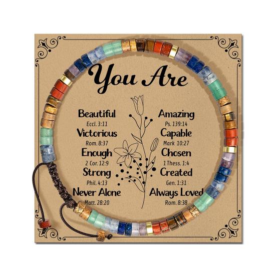 Natural Stone Bead Bracelet Retro Flat Bead Bracelet Adjustable Boho Bracelet with Card Inspirational Gift for Friends Loved Ones