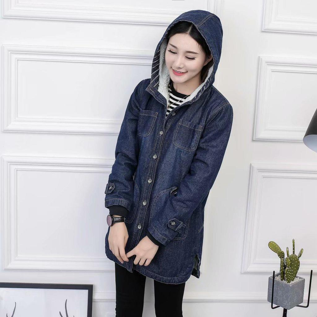 Women's Plus Size Hooded Denim Cotton Coat with Fleece Lining - Korean Style, Mid-Length, for Autumn and Winter.