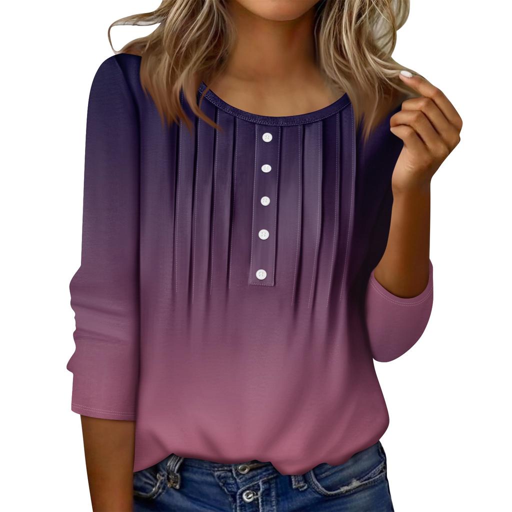 Dames Rund Hals Pull Stripe Dekorativ Knapp Topp Casual Ensfarget 3/4 Ermet T-skjorte