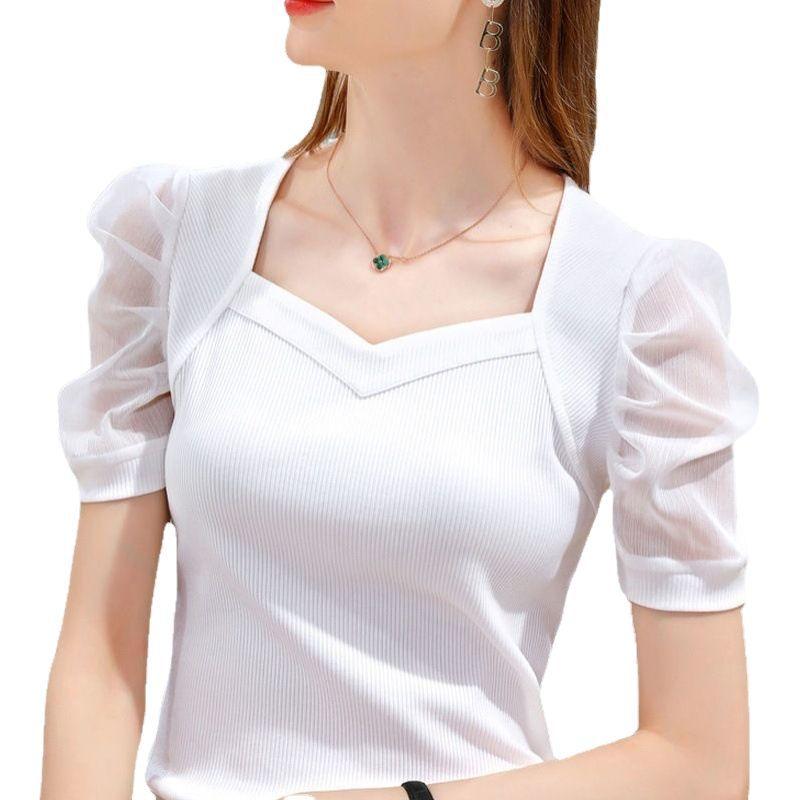 Summer Latest Single Color Short-sleeved T-shirt French Bubble Sleeve Top