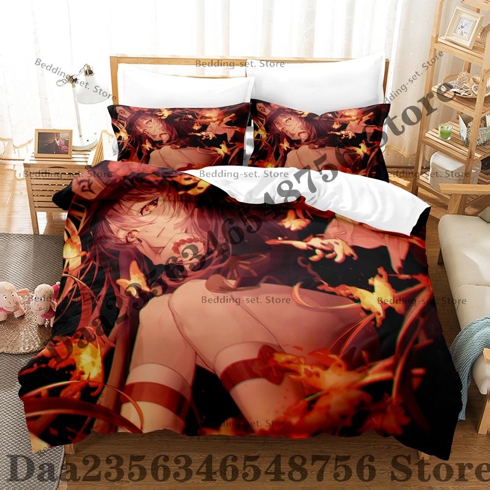 Personality Anime Hu Tao Bedding Set AniThree Piece Bedding Set - Luxury Comforter Set with Queen King Size Including pillowcase