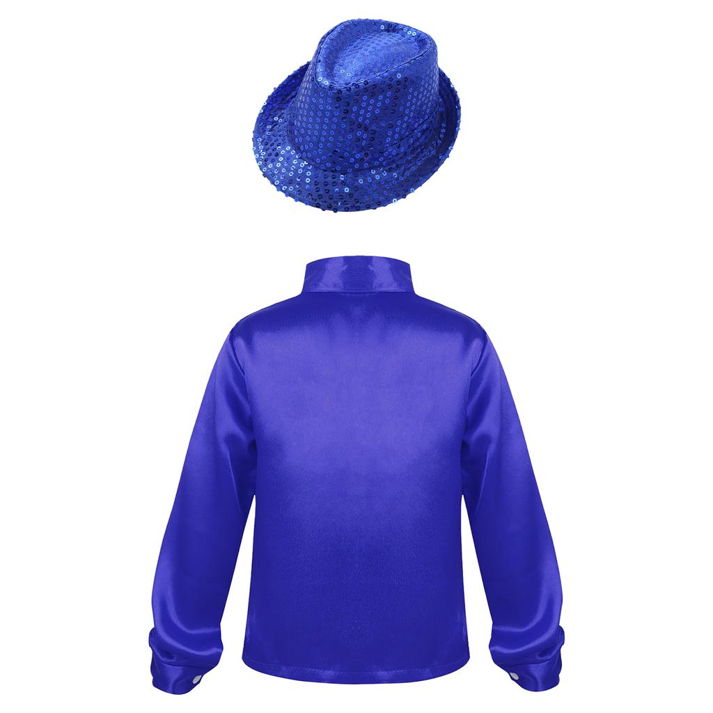 Pojkars glänsande paljettlångärmad skjorta med slagkrage, jazzdansshow, fedorahatt