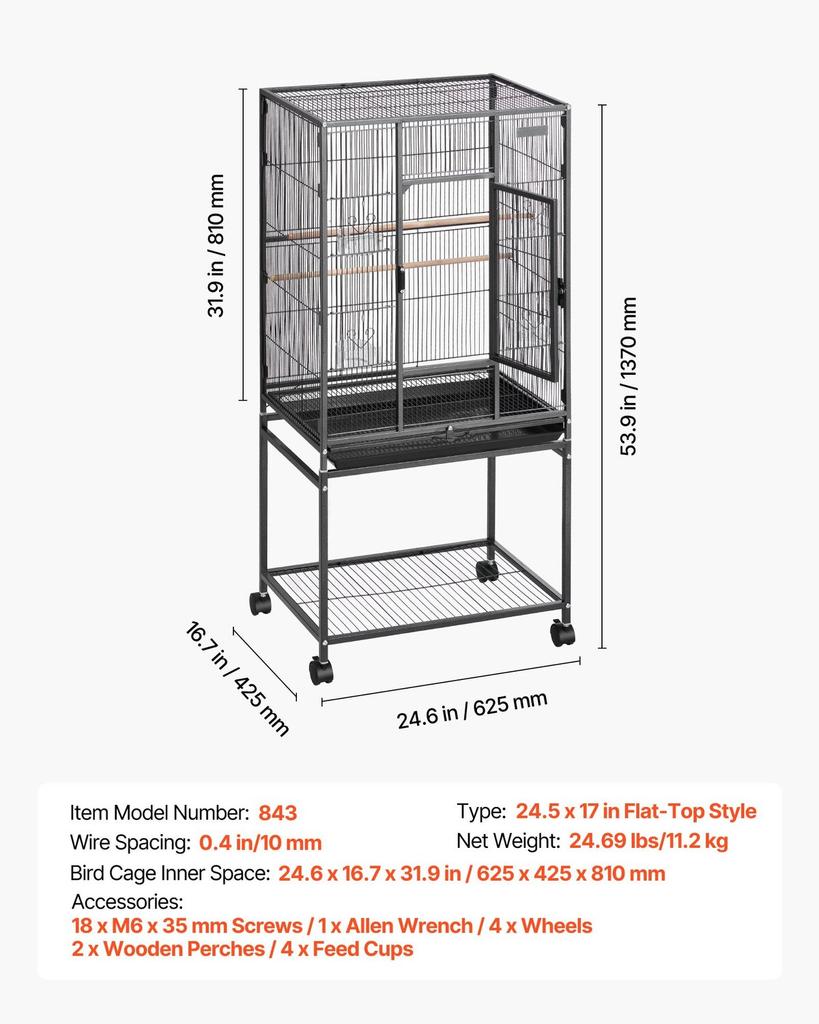 Bird Cage, 625 x 425 x 1370 mm, Flat Top, Wrought Iron Bird Flight Cage with Perches, Slide-Out Tray and Plastic Feeders, Casters, for Parrot, Blue