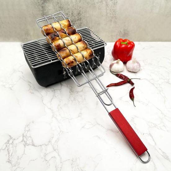 Stainless Steel Grill Basket with Handle Hot Dog Grilling Rack BBQ Sausage Holder Rust-Resistant Expandable BBQ Grill Tool for Outdoor Cooking