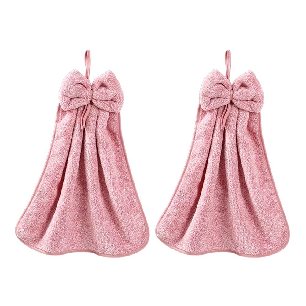 2Pcs Coral Fleece Towels Hand-Wiping Towels Bathroom Kitchen Use Hanging Towel Set 33cm x 33cm Peach