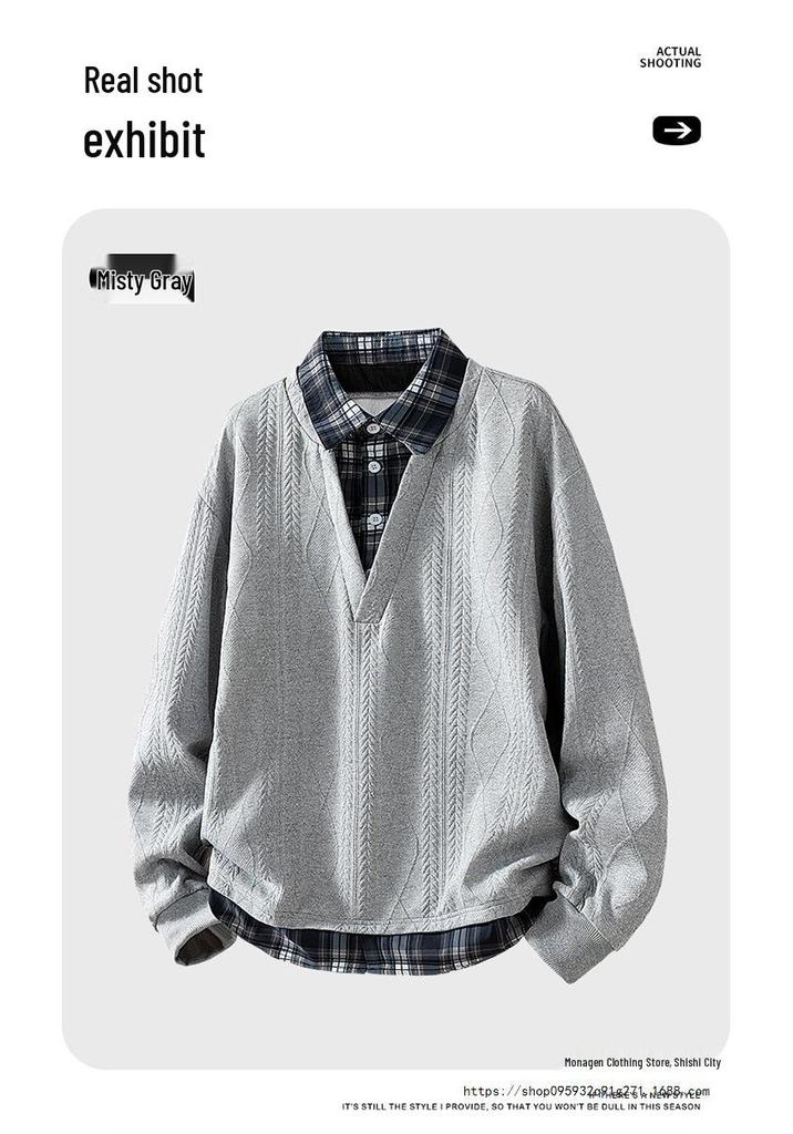 2026 Spring/Autumn Trendy Casual Plaid Hoodie - College Style, Loose Fit, Fake Two-Piece, Long Sleeve