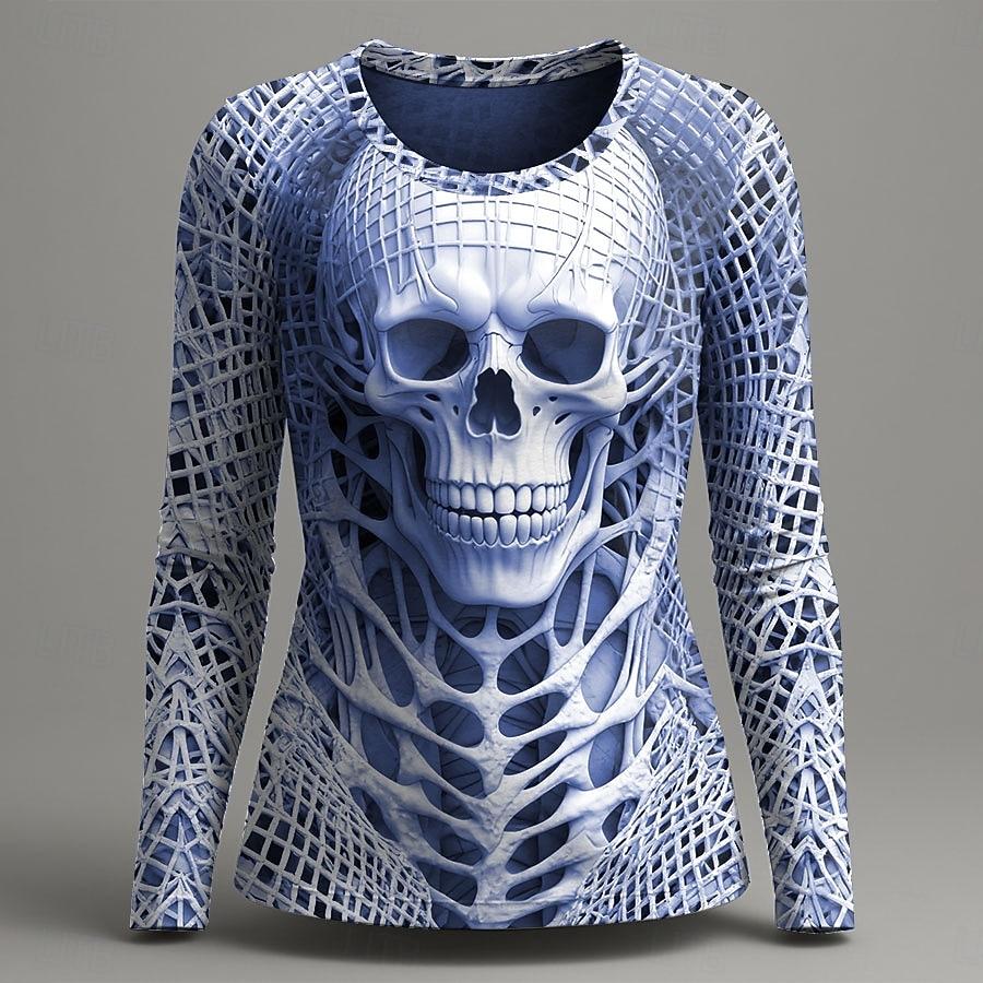 Women's Vintage Skeleton Print Long Sleeve, Gothic Graphic Round Neck Tops, Alternative Fashion Style, Spring Fall Casual Wear