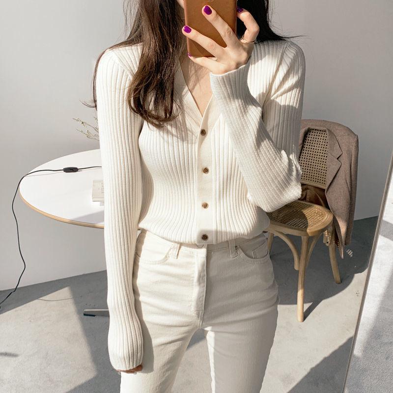 Women's Korean Style Slim-Fit V-Neck Knit Cardigan Sweater