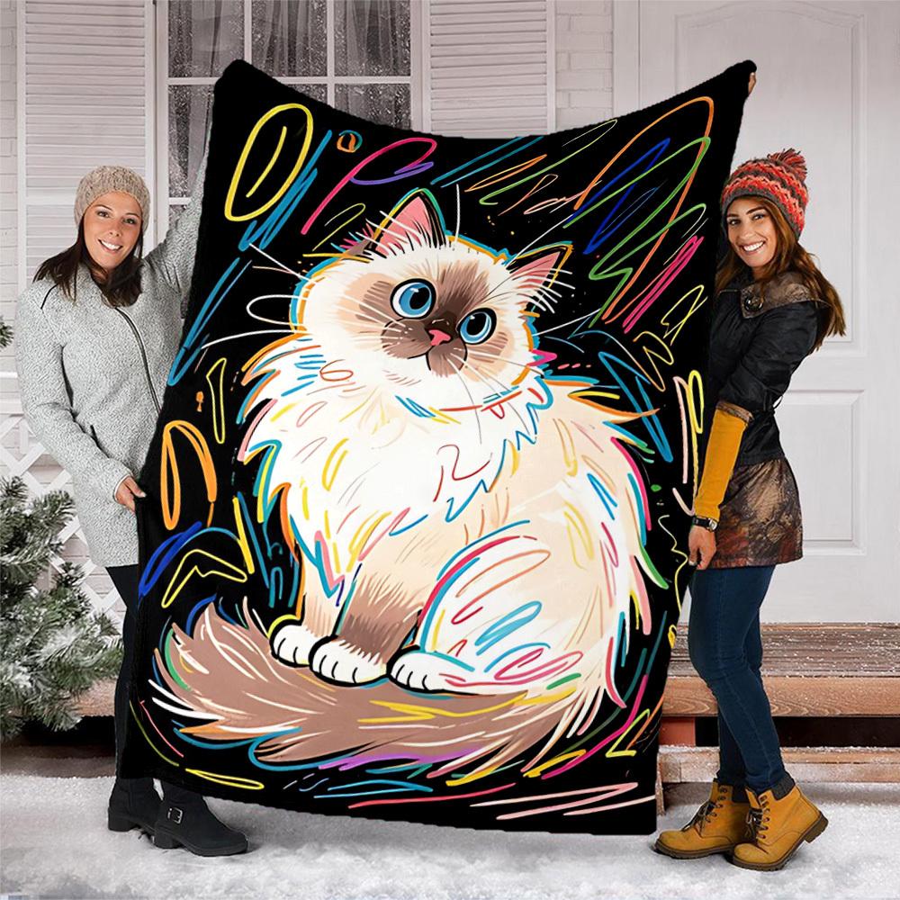 1pc Colorful Cat Artwork Throw Blanket Polyester Fiber, Lightweight Flannel, Soft & Warm, All Season Use for Outdoor, Camping